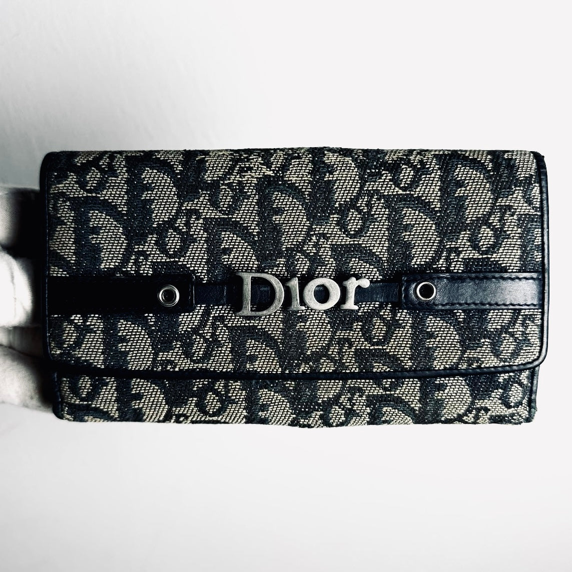 Christian Dior CD Black / Navy Blue Oblique Monogram Logo Charms Bifold Flap Long Wallet