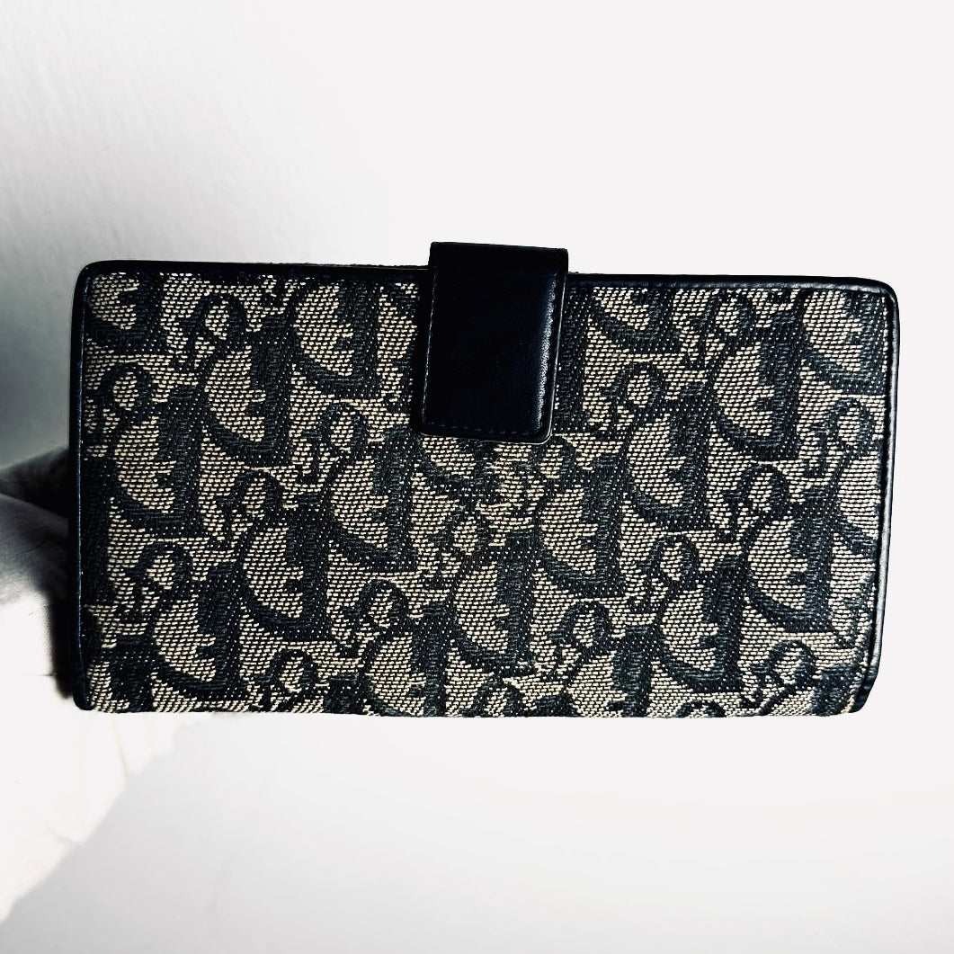 Christian Dior CD Black / Navy Blue Oblique Monogram Logo Charms Bifold Flap Long Wallet