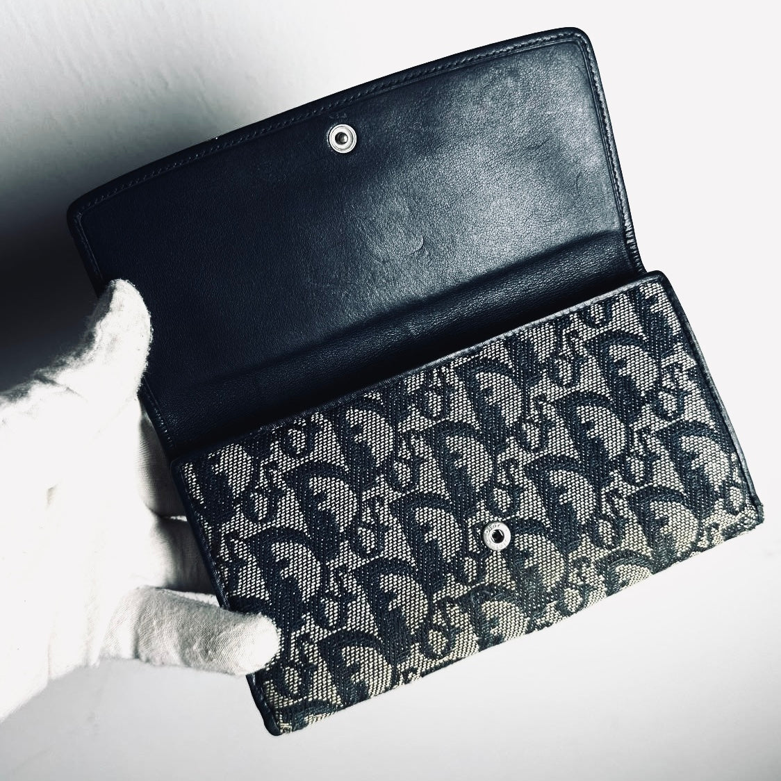 Christian Dior CD Black / Navy Blue Oblique Monogram Logo Charms Bifold Flap Long Wallet