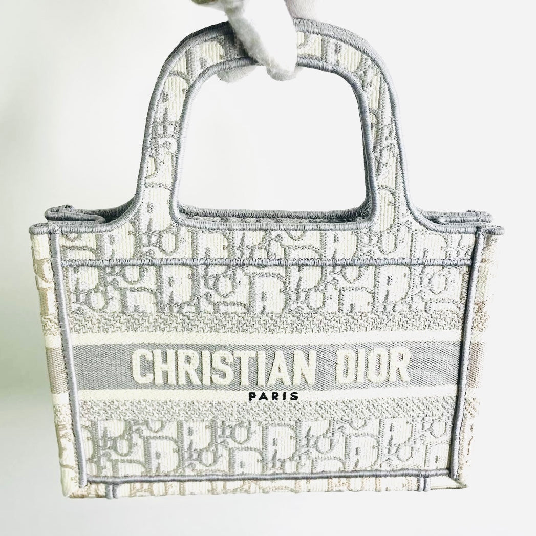 Christian Dior CD Grey / Gray Cannage Quilted Embroidery Oblique Monogram Logo Mini Book Tote Bag