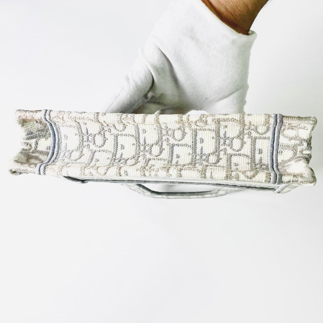 Christian Dior CD Grey / Gray Cannage Quilted Embroidery Oblique Monogram Logo Mini Book Tote Bag