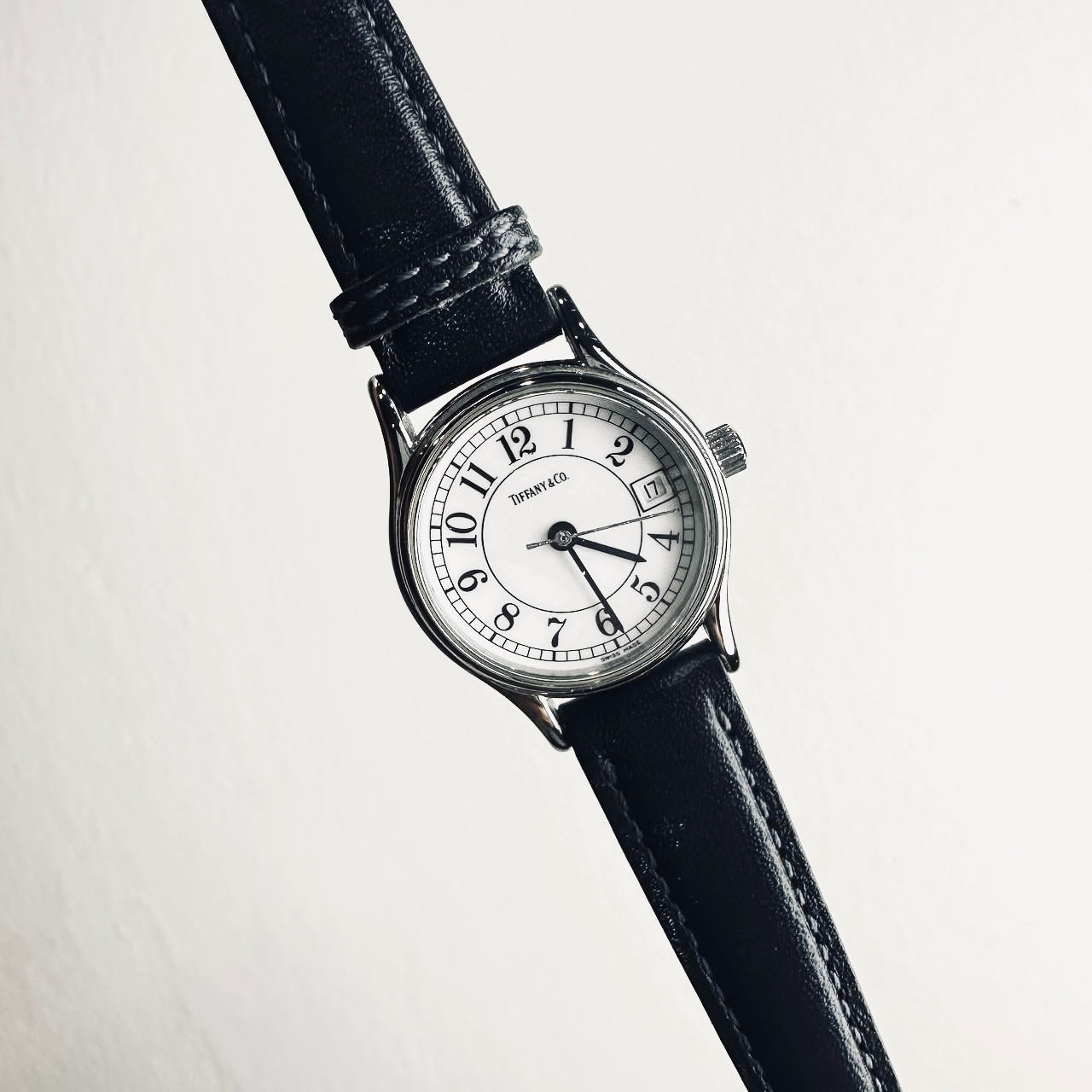 Tiffany & Co T&C Portfolio Round White Dial Black Leather Strap 23MM Quartz Watch