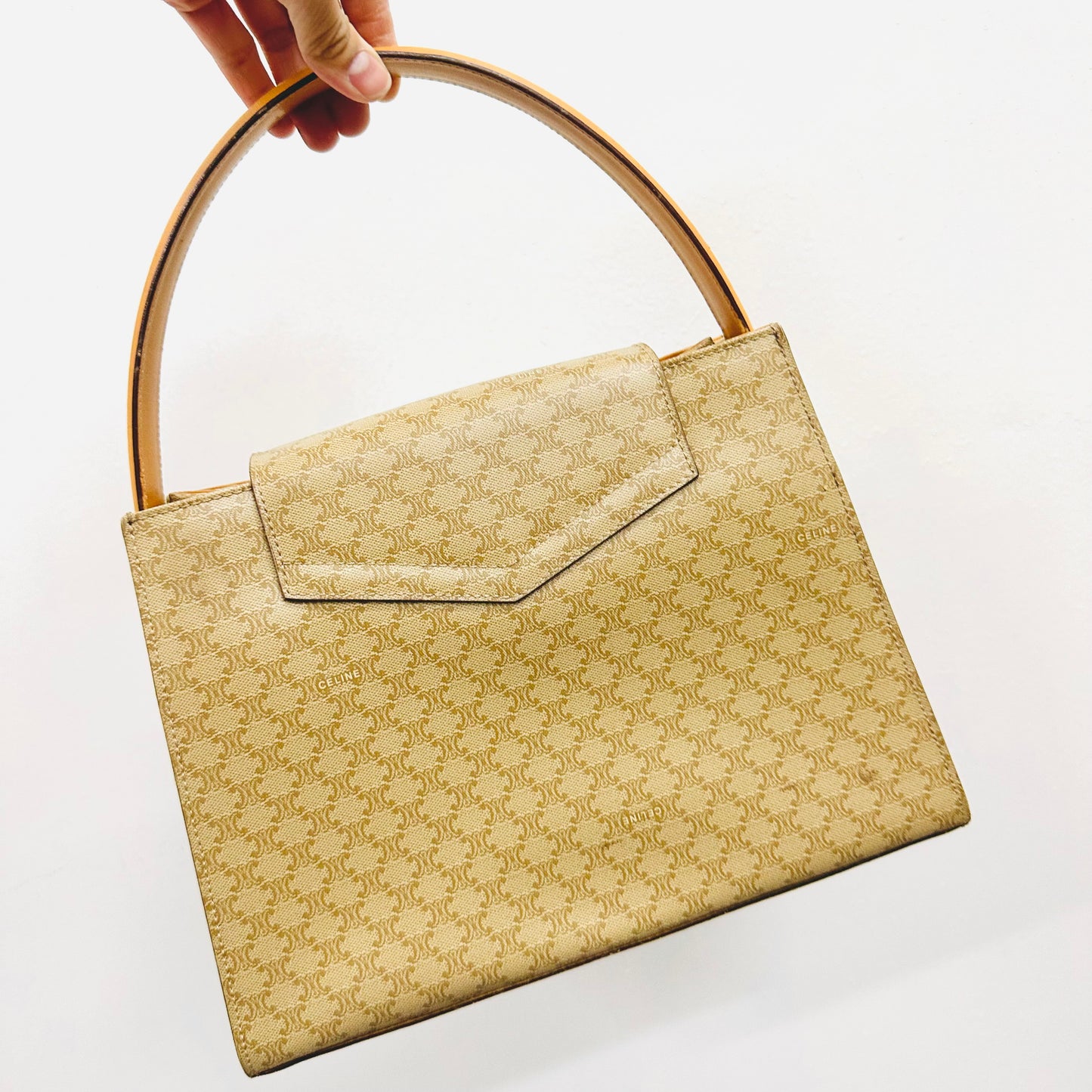 Celine Beige Macadam Monogram Logo GHW Vintage Flap Hobo Baguette Top Handle Shoulder Bag