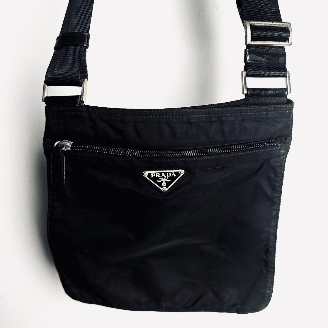 Prada Black Monogram Logo Tessuto Nylon & Leather Shoulder Sling Bag