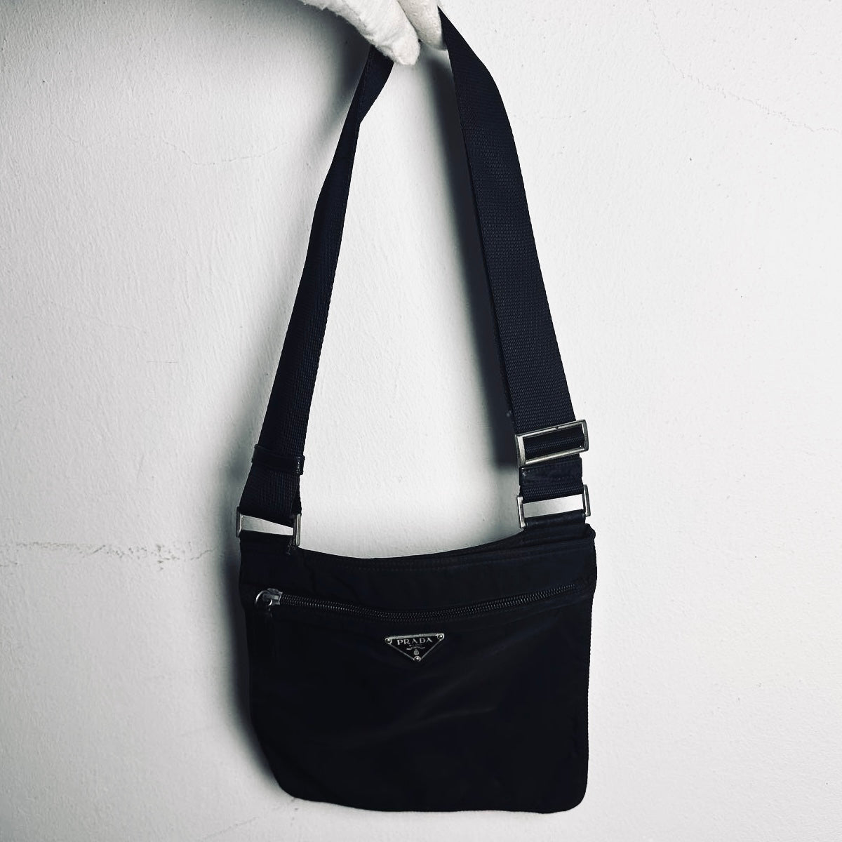 Prada Black Monogram Logo Tessuto Nylon & Leather Shoulder Sling Bag