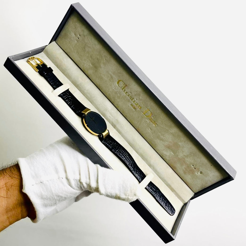 Christian Dior CD Bagira Monogram Logo Black Leather Strap GHW 30MM Quartz Watch