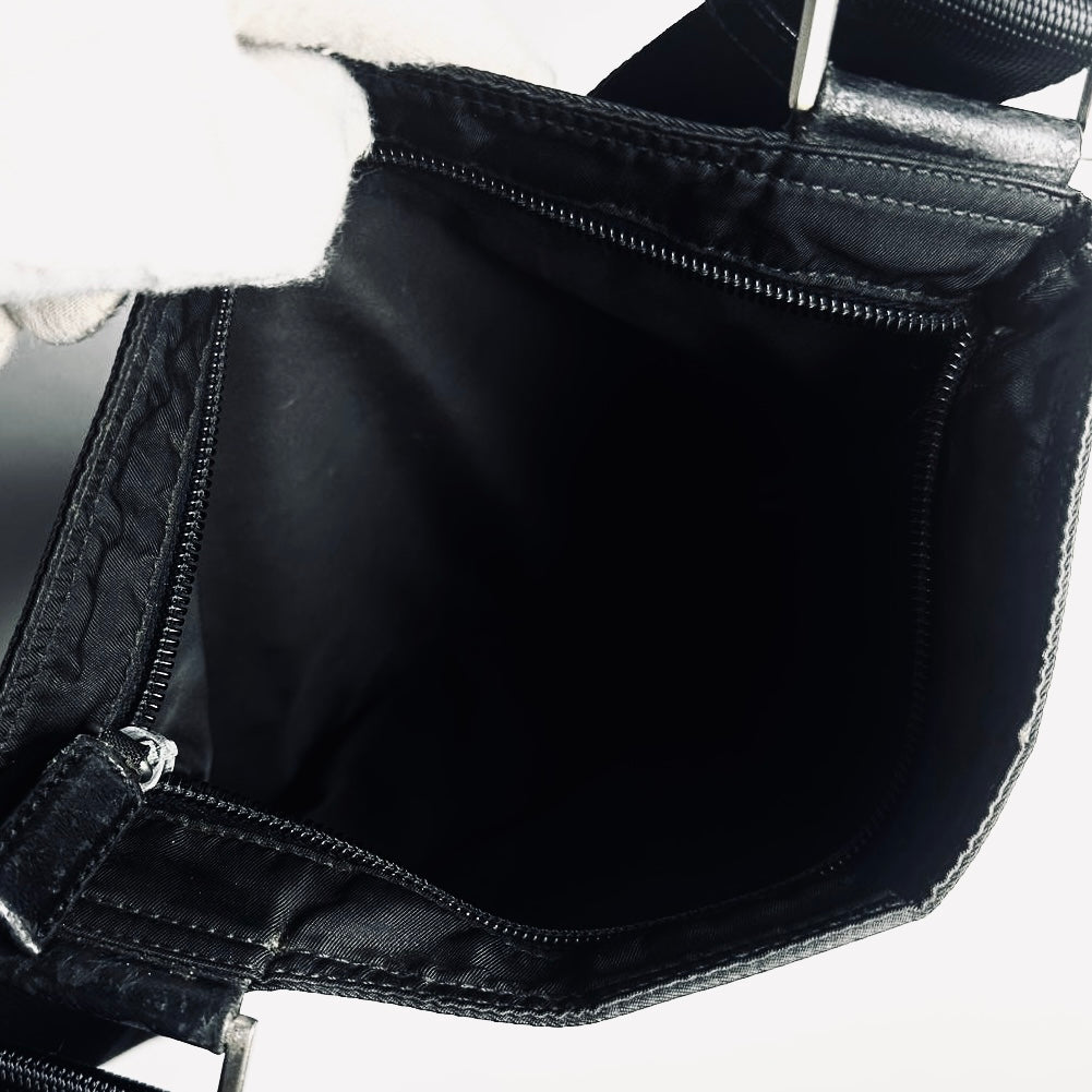 Prada Black Monogram Logo Tessuto Nylon & Leather Shoulder Sling Bag