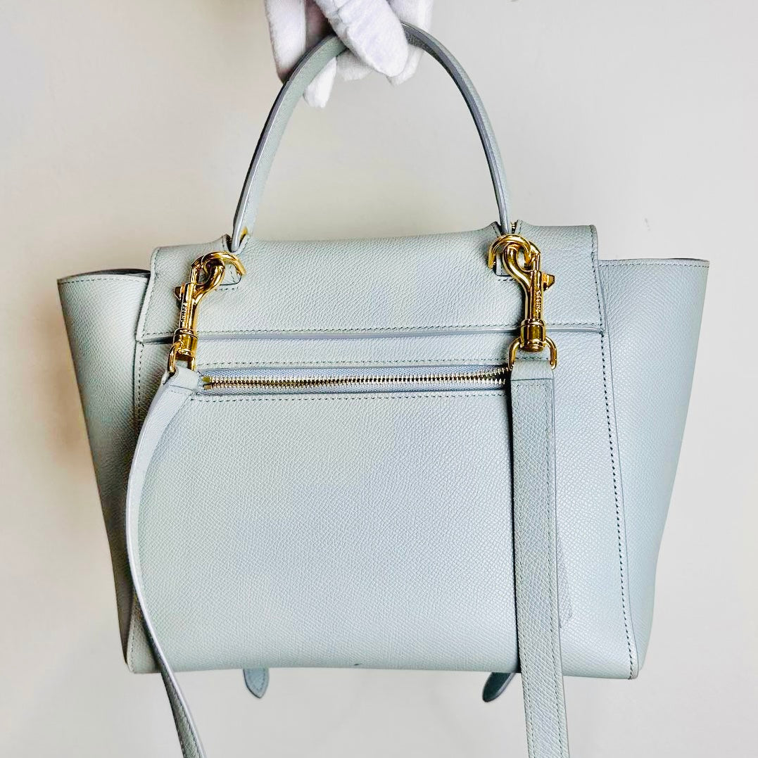 Celine Cloud Blue GHW Micro Belt Bag 2-Way Monogram Grained Calfskin Leather Top Handle Shoulder Sling Bag