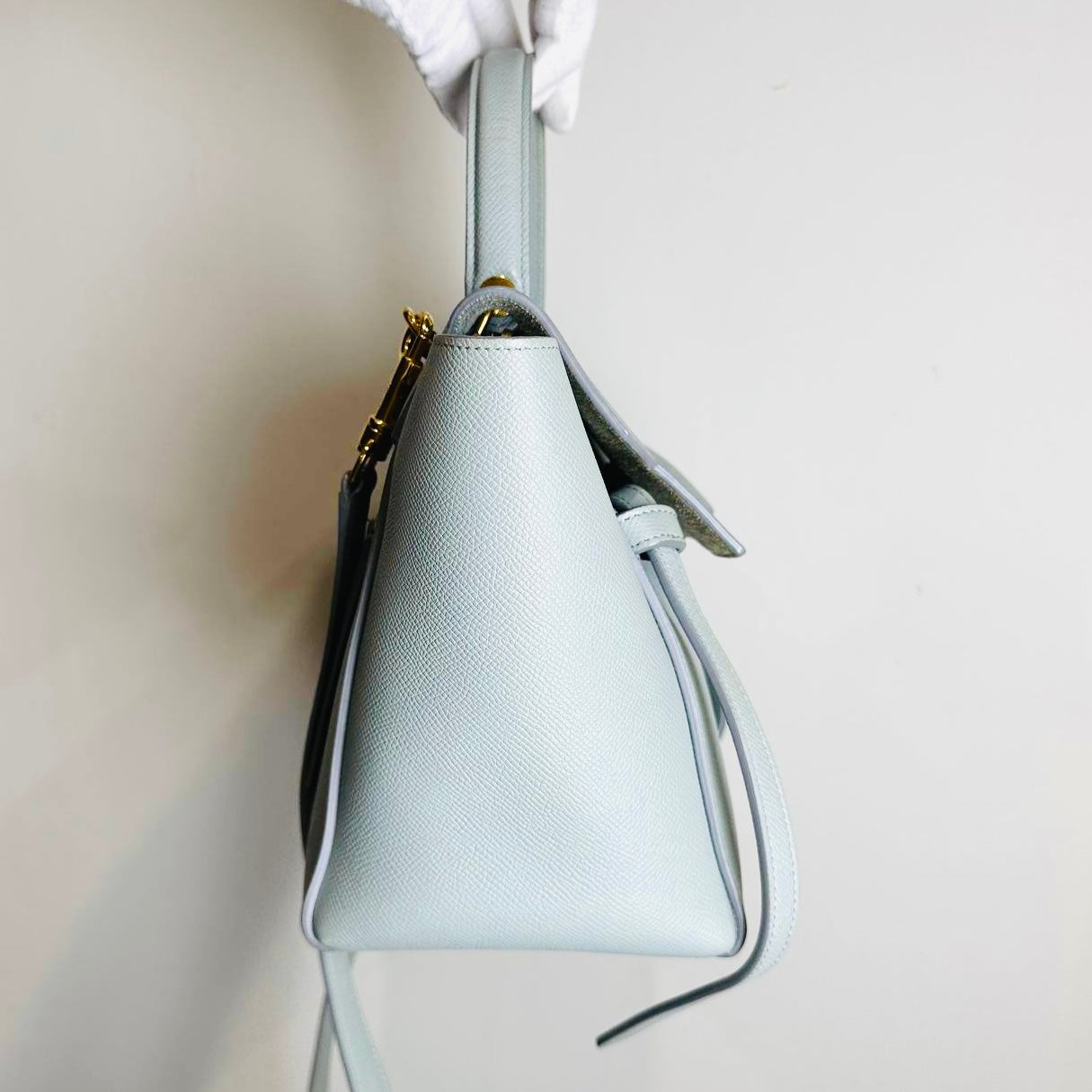 Celine Cloud Blue GHW Micro Belt Bag 2-Way Monogram Grained Calfskin Leather Top Handle Shoulder Sling Bag