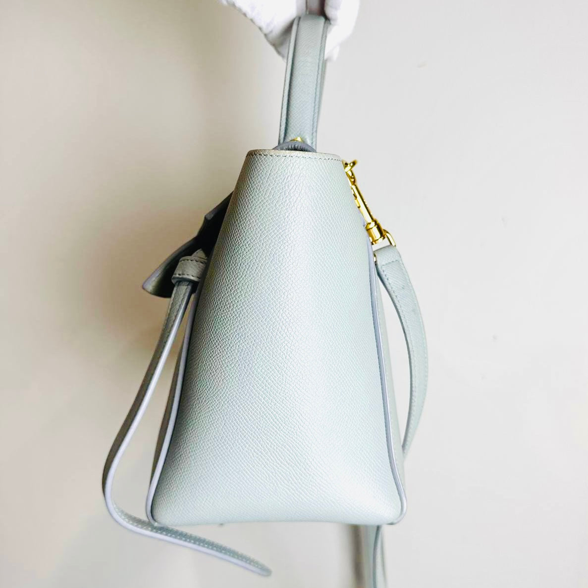 Celine Cloud Blue GHW Micro Belt Bag 2-Way Monogram Grained Calfskin Leather Top Handle Shoulder Sling Bag