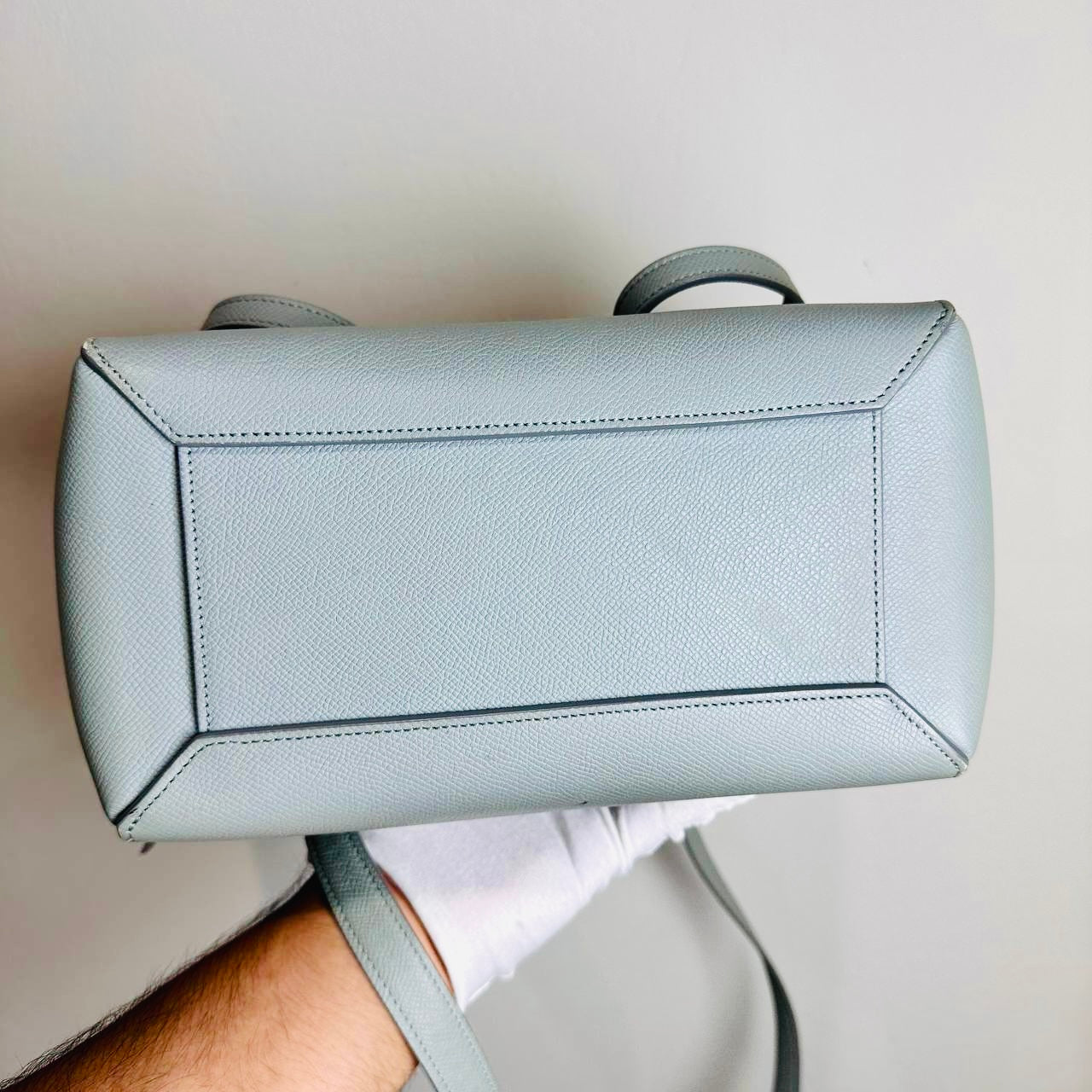 Celine Cloud Blue GHW Micro Belt Bag 2-Way Monogram Grained Calfskin Leather Top Handle Shoulder Sling Bag