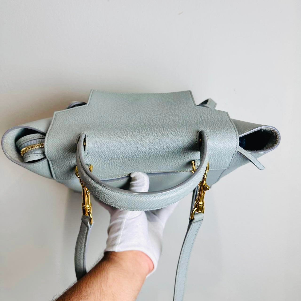 Celine Cloud Blue GHW Micro Belt Bag 2-Way Monogram Grained Calfskin Leather Top Handle Shoulder Sling Bag