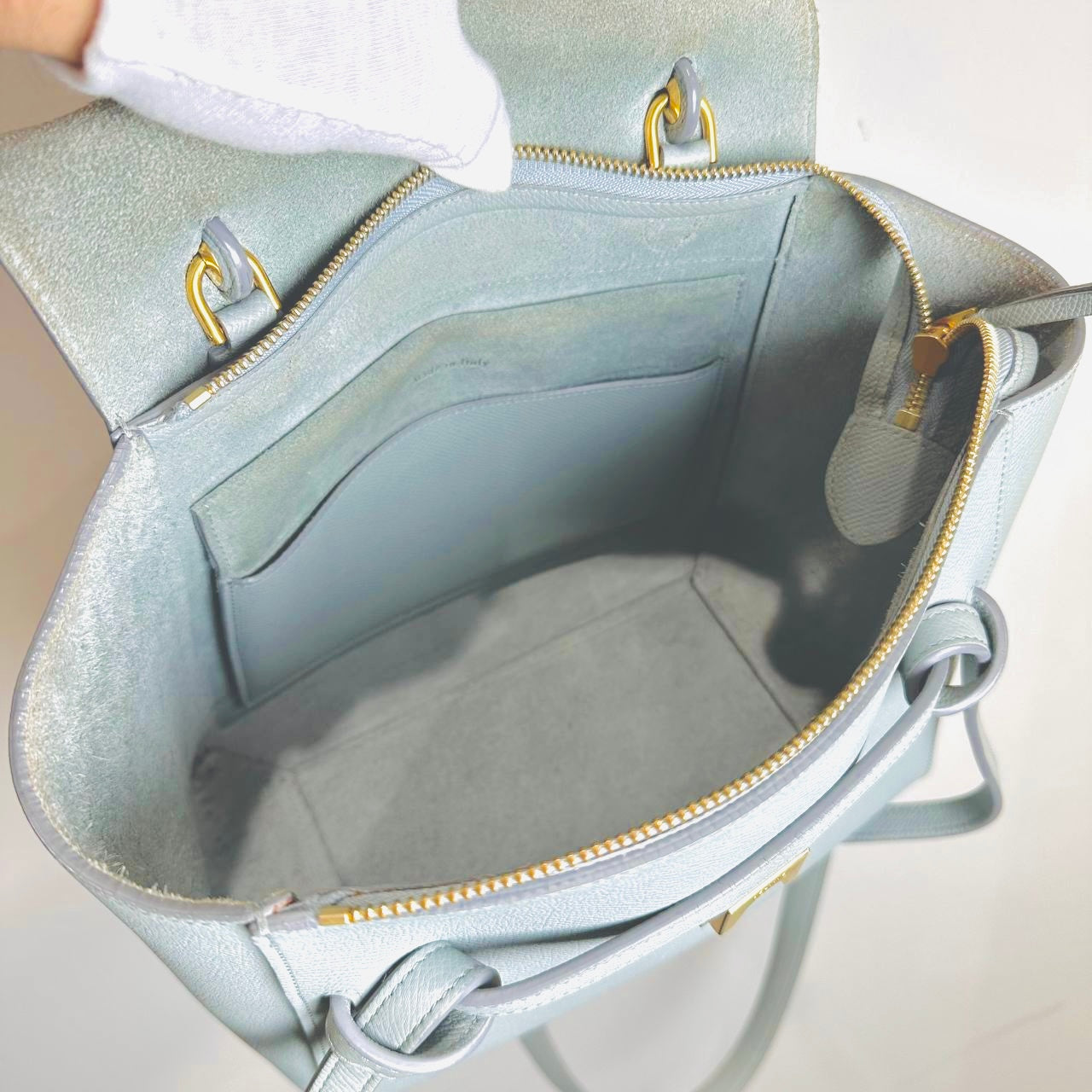 Celine Cloud Blue GHW Micro Belt Bag 2-Way Monogram Grained Calfskin Leather Top Handle Shoulder Sling Bag