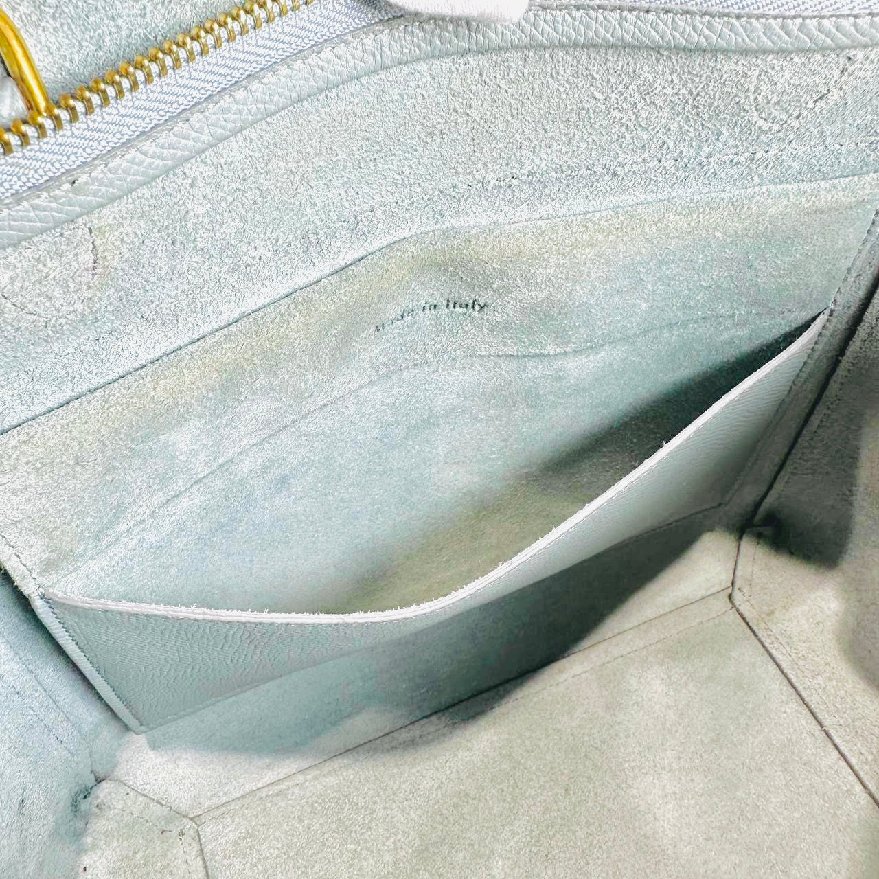 Celine Cloud Blue GHW Micro Belt Bag 2-Way Monogram Grained Calfskin Leather Top Handle Shoulder Sling Bag