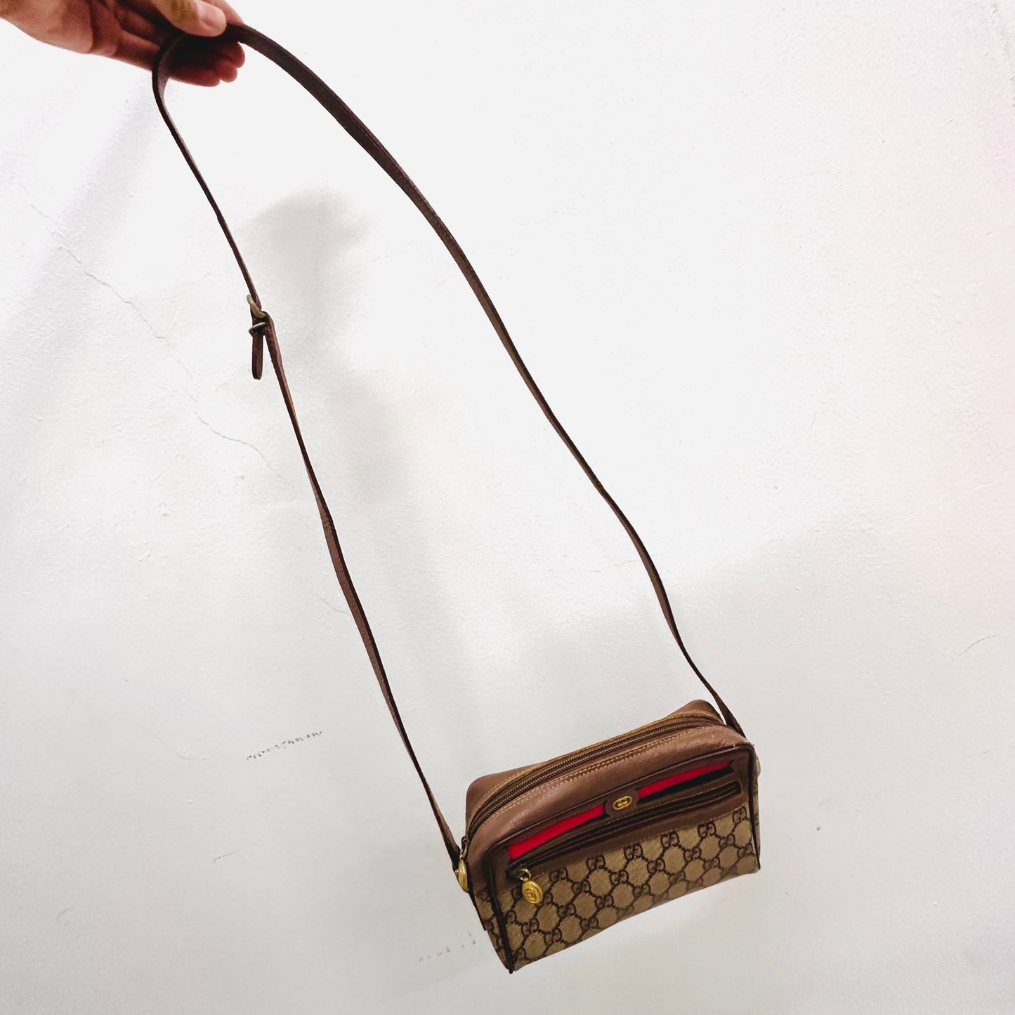 Gucci Ophidia Beige GHW GG Monogram Logo Web Striped Camera Shoulder Sling Bag