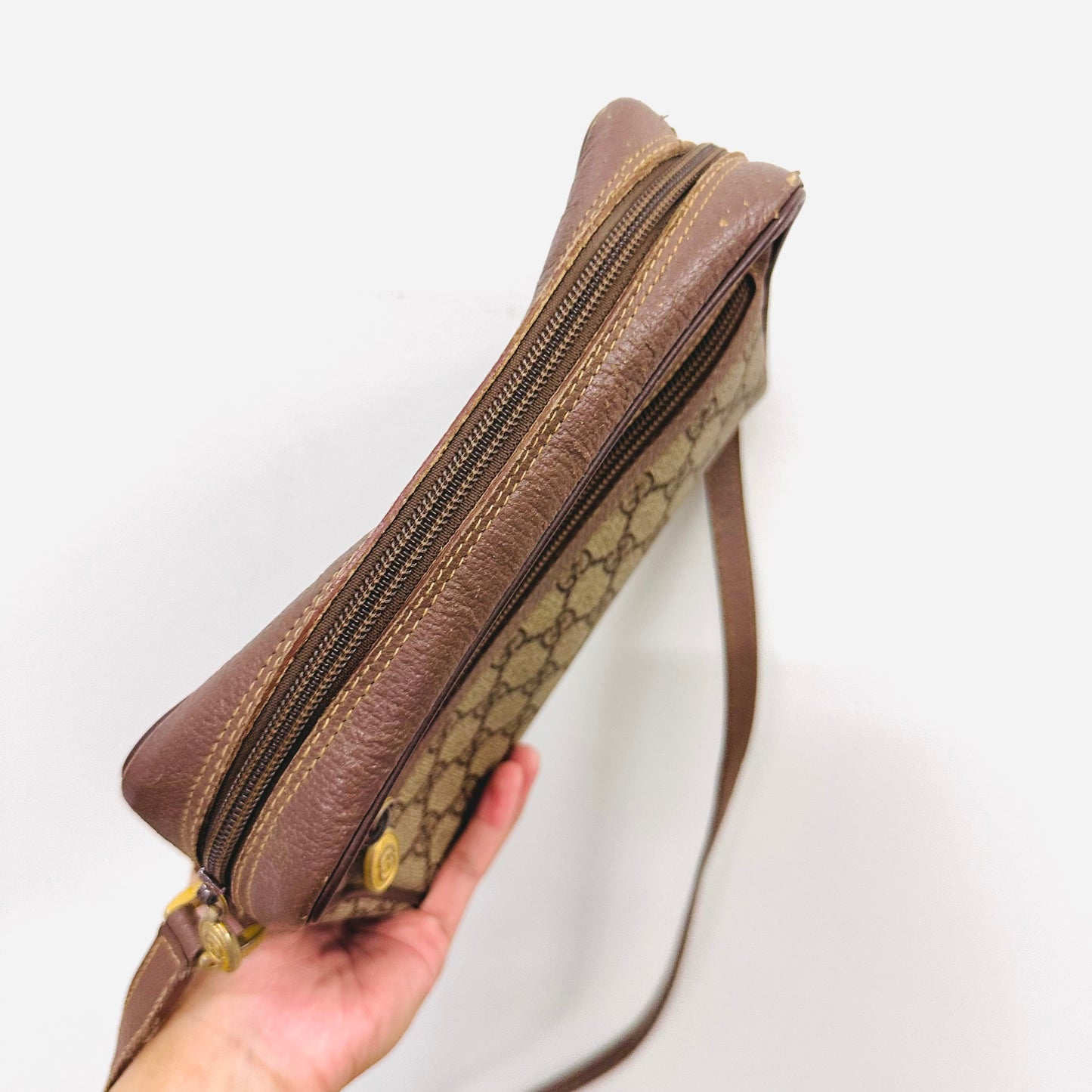 Gucci Ophidia Beige GHW GG Monogram Logo Web Striped Camera Shoulder Sling Bag