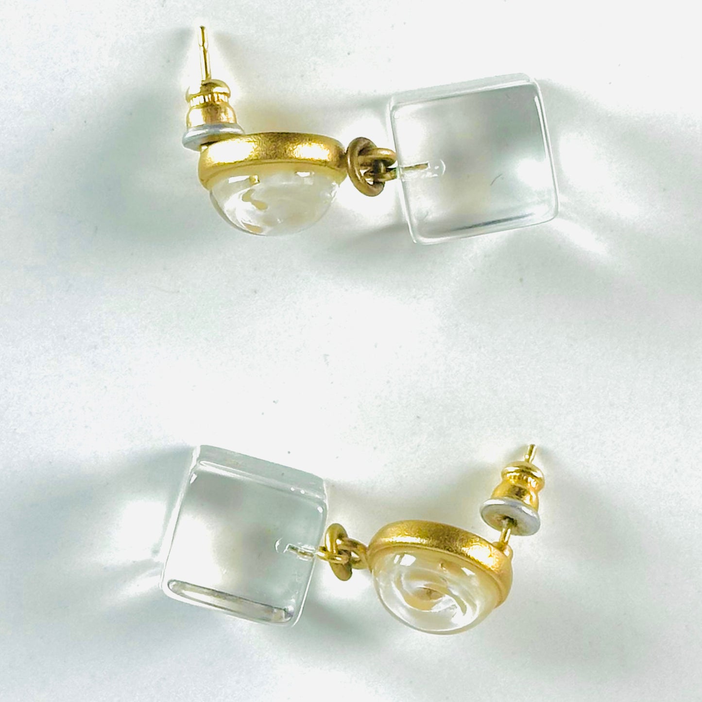 Chanel CC Monogram Logo Pearl & Cubes Gold Dangling Vintage Stud Earrings