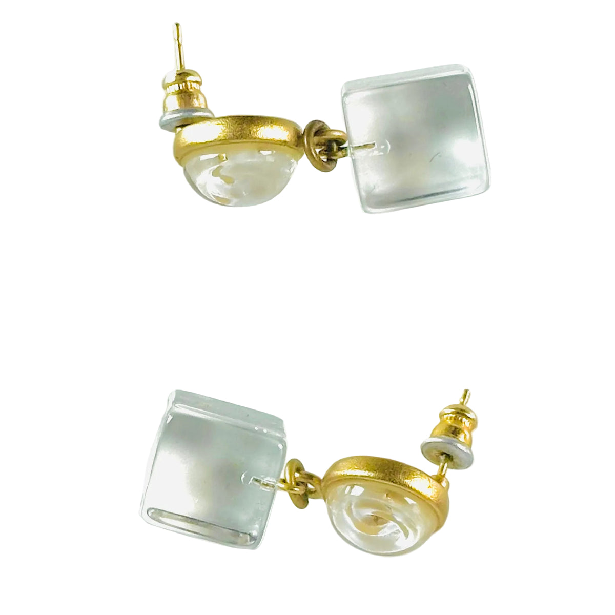 Chanel CC Monogram Logo Pearl & Cubes Gold Dangling Vintage Stud Earrings