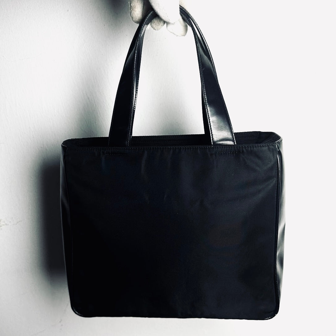 Prada Black Classic Tessuto Nylon & Leather Monogram Logo Shopper Shoulder Tote Bag