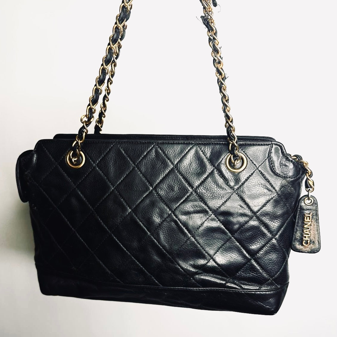 Chanel Black GHW Giant CC Logo Charm Quilted Caviar Vintage Shoulder Sling Bag 3s