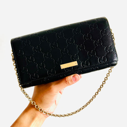 Gucci Guccissima Black GHW Monogram Logo WOC Wallet On Chain Leather Pochette Shoulder Bag