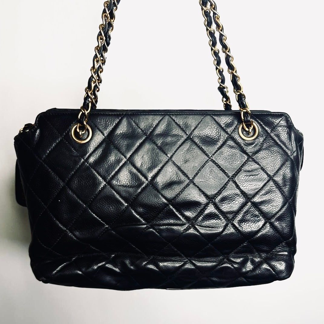 Chanel Black GHW Giant CC Logo Charm Quilted Caviar Vintage Shoulder Sling Bag 3s