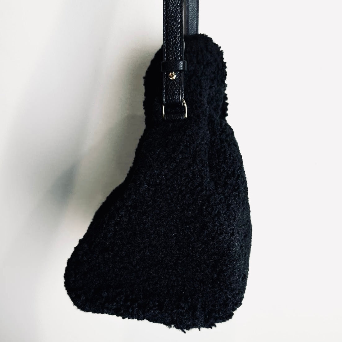 Polene Numéro Numero Neuf Black GHW Shearling Furry Mini Top Handle 2-Way Shoulder Sling Bag