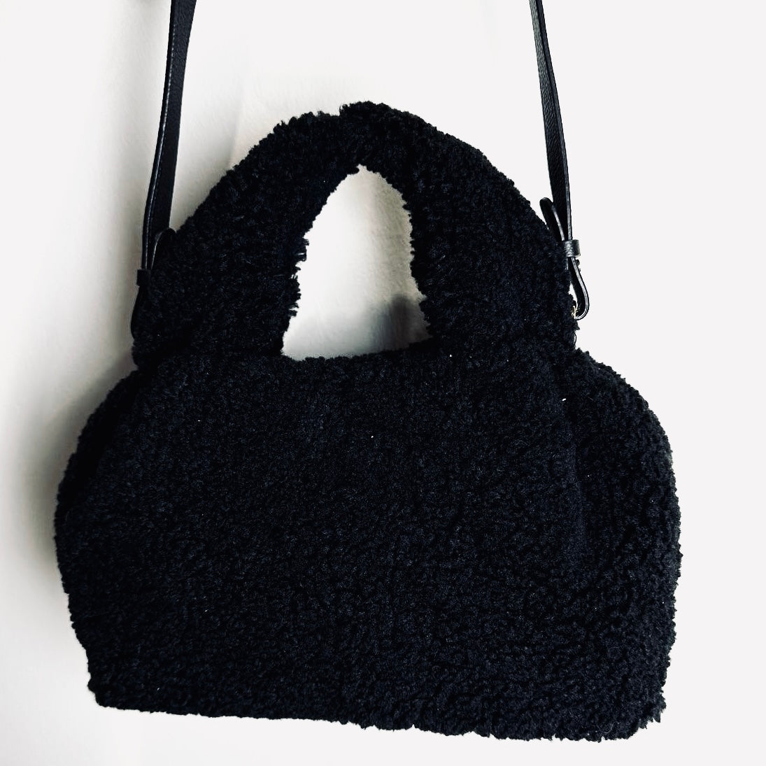 Polene Numéro Numero Neuf Black GHW Shearling Furry Mini Top Handle 2-Way Shoulder Sling Bag