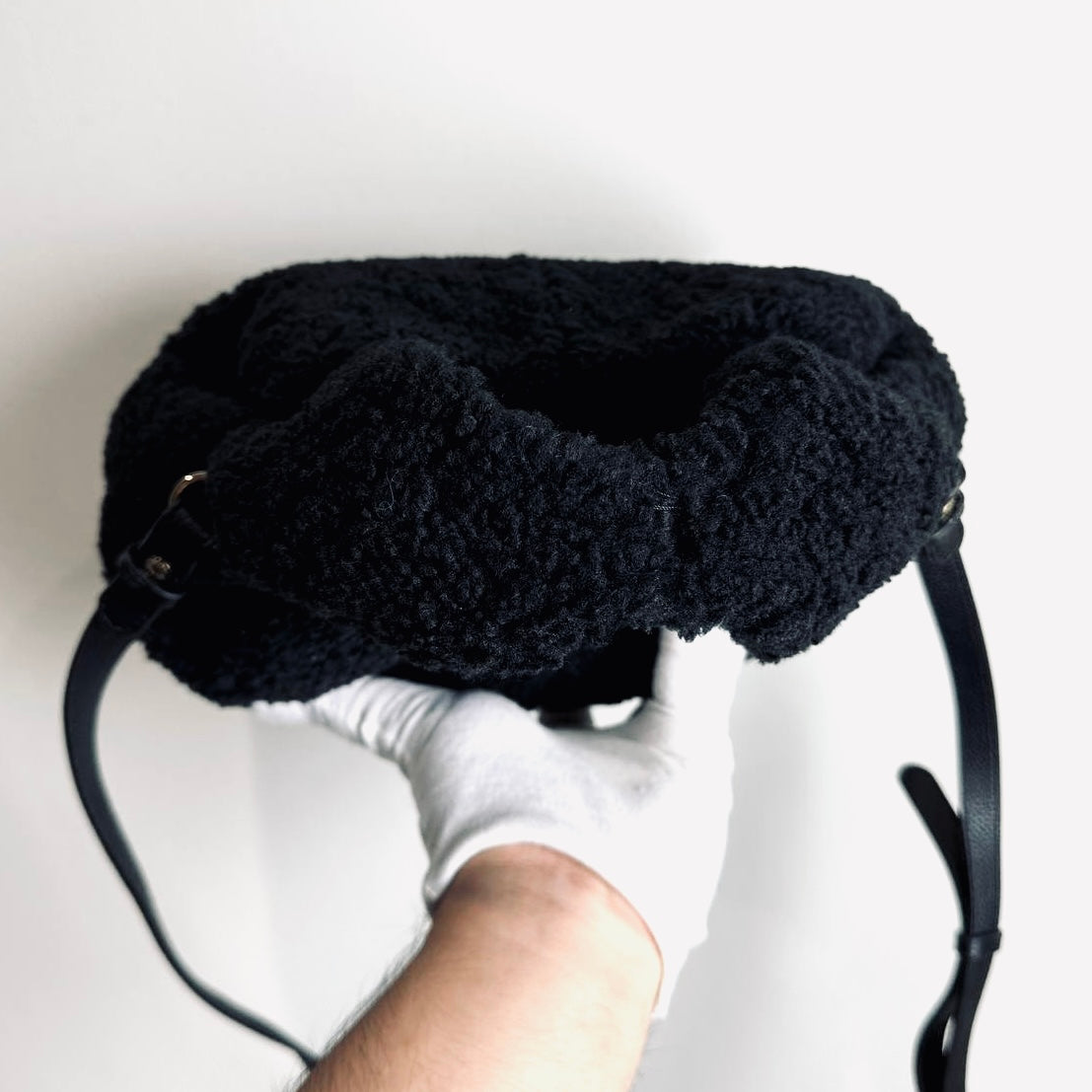 Polene Numéro Numero Neuf Black GHW Shearling Furry Mini Top Handle 2-Way Shoulder Sling Bag