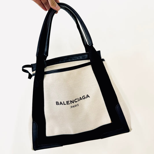 Balenciaga Cabas Black / White Logo Small S Structured Shoulder Tote Bag With Small Pouch