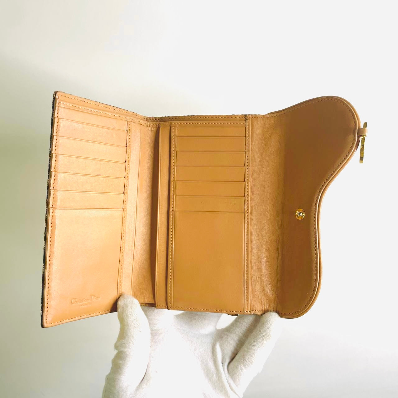 Christian Dior CD Caramel Tan Brown GHW Saddle Oblique Monogram Logo Flap Trifold Wallet