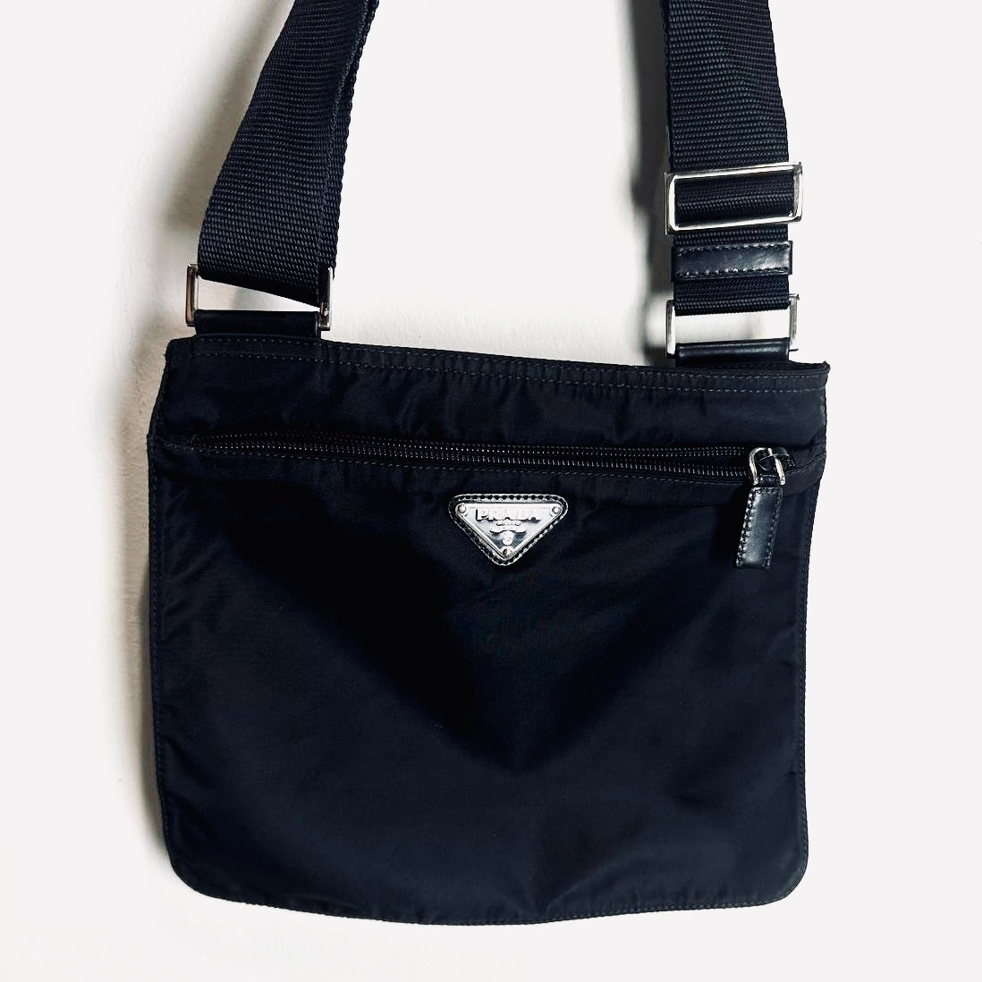Prada Tessuto Black Monogram Logo Classic Nylon & Leather Zip Shoulder Sling Bag