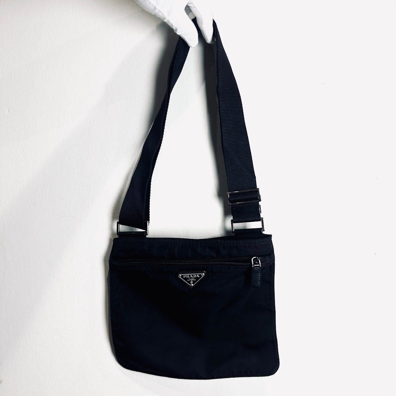 Prada Tessuto Black Monogram Logo Classic Nylon & Leather Zip Shoulder Sling Bag