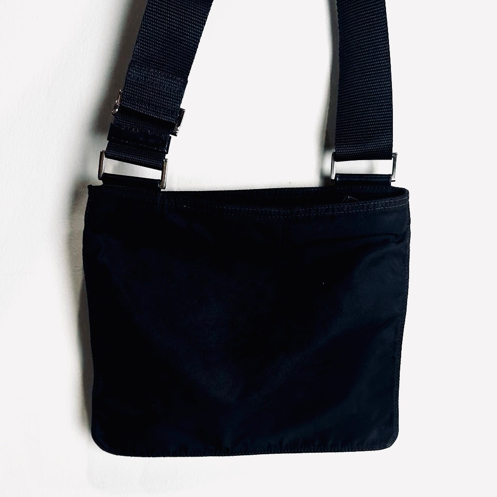 Prada Tessuto Black Monogram Logo Classic Nylon & Leather Zip Shoulder Sling Bag