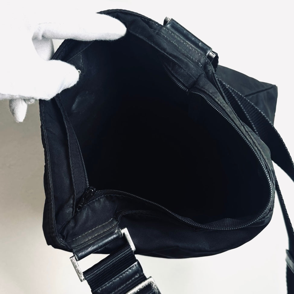Prada Black Monogram Logo Tessuto Nylon & Leather Zip Flat Shoulder Sling Bag