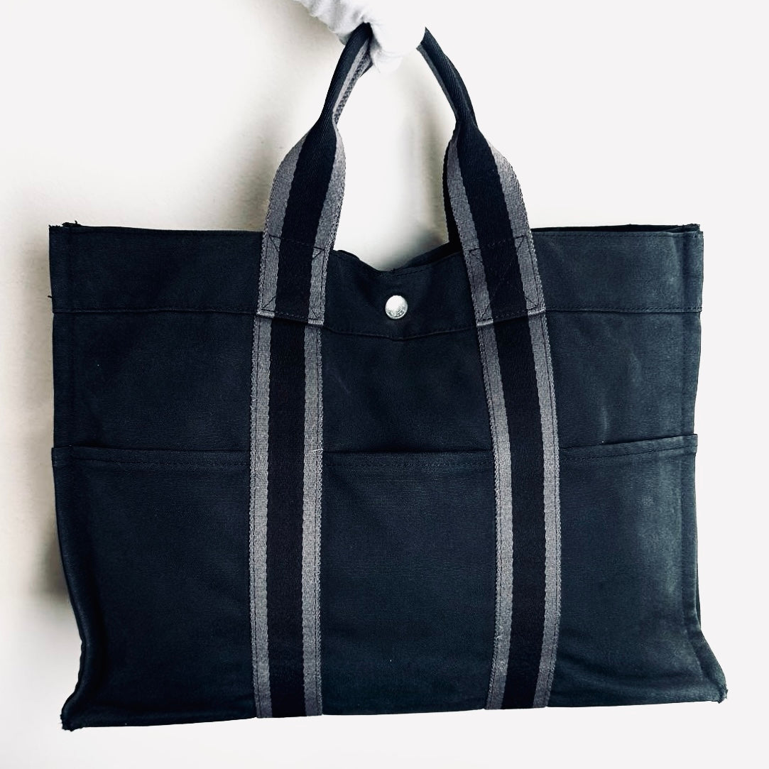Hermes Herline Navy Blue Fourre Fool Toile MM Structured Shopper Tote Bag