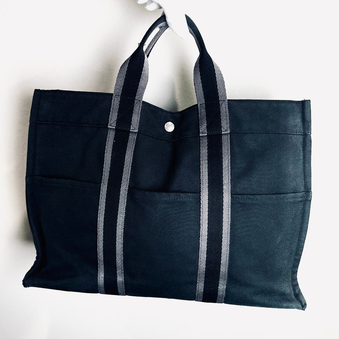 Hermes Herline Navy Blue Fourre Fool Toile MM Structured Shopper Tote Bag