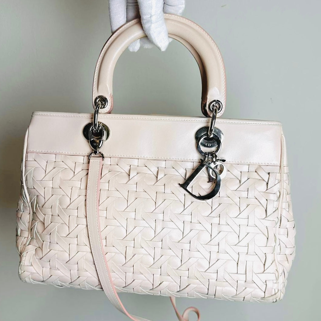 Christian Dior CD Blush Pink Lady Dior Avenue Woven Leather Monogram Logo 2-Way Top Handle Shoulder Sling Bag