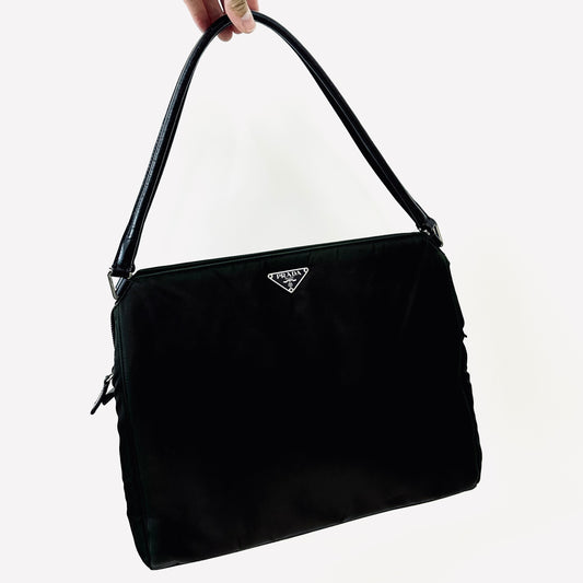 Prada Dark Khaki Classic Logo Tessuto Chic Nylon & Leather Hobo Shoulder Shopper Tote Bag