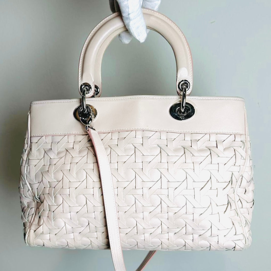 Christian Dior CD Blush Pink Lady Dior Avenue Woven Leather Monogram Logo 2-Way Top Handle Shoulder Sling Bag