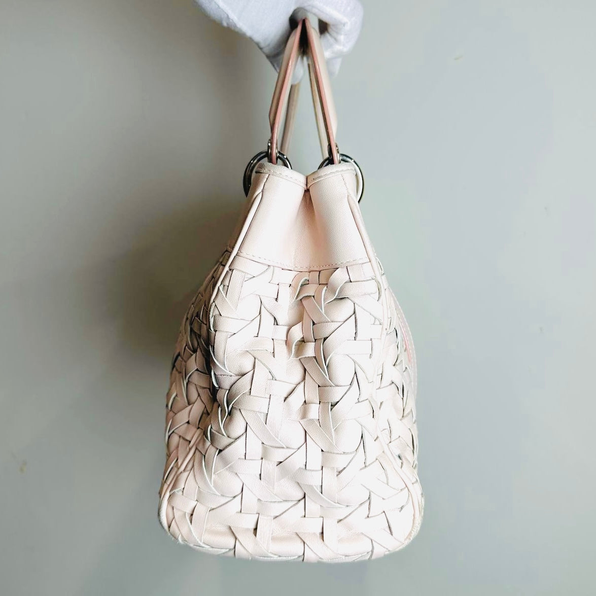 Christian Dior CD Blush Pink Lady Dior Avenue Woven Leather Monogram Logo 2-Way Top Handle Shoulder Sling Bag