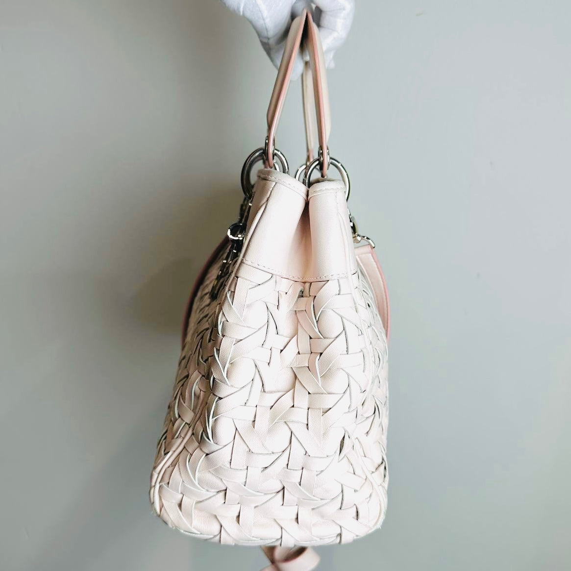 Christian Dior CD Blush Pink Lady Dior Avenue Woven Leather Monogram Logo 2-Way Top Handle Shoulder Sling Bag