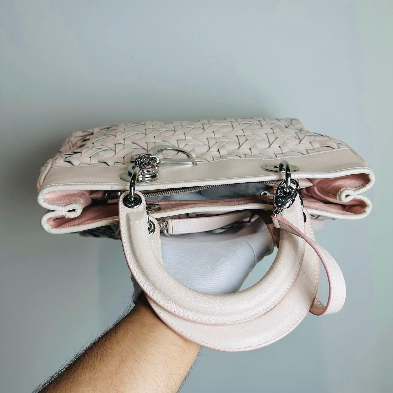 Christian Dior CD Blush Pink Lady Dior Avenue Woven Leather Monogram Logo 2-Way Top Handle Shoulder Sling Bag