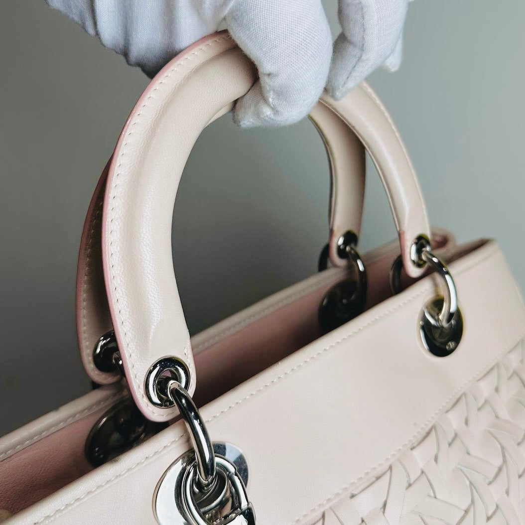 Christian Dior CD Blush Pink Lady Dior Avenue Woven Leather Monogram Logo 2-Way Top Handle Shoulder Sling Bag