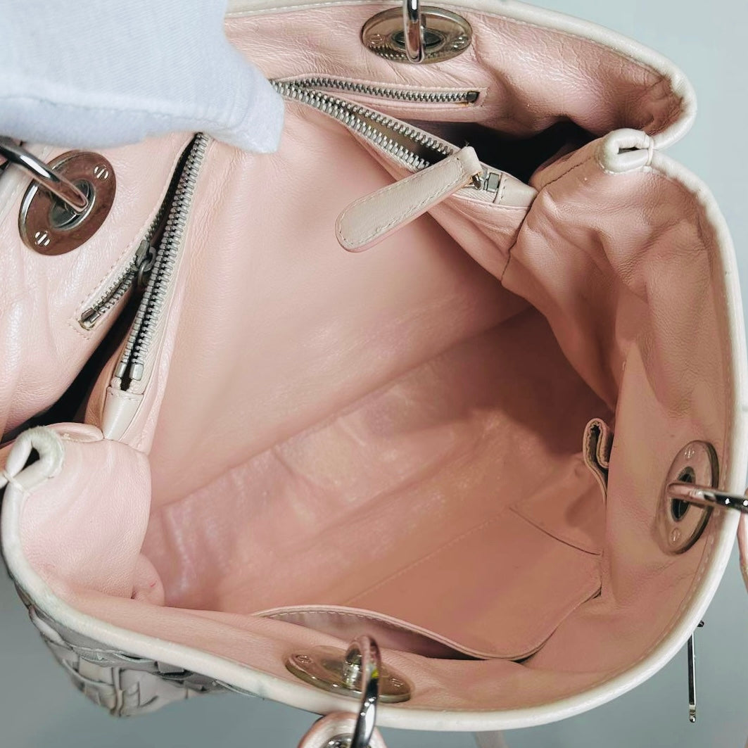 Christian Dior CD Blush Pink Lady Dior Avenue Woven Leather Monogram Logo 2-Way Top Handle Shoulder Sling Bag