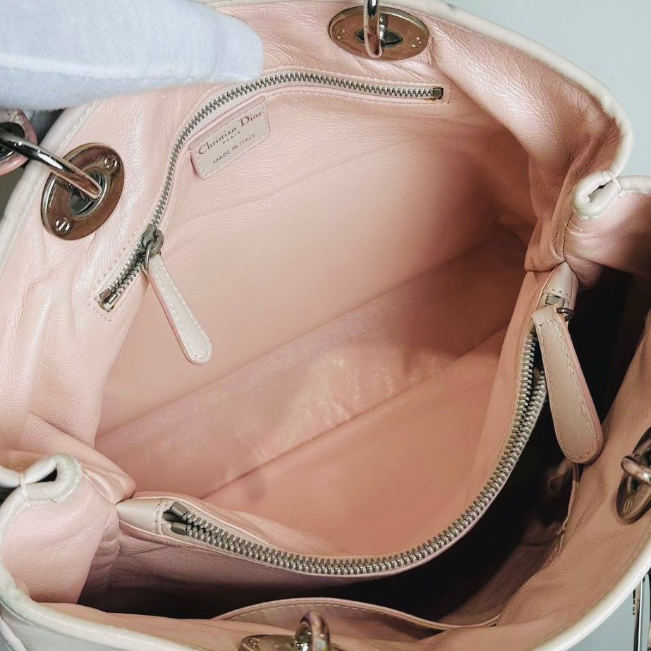 Christian Dior CD Blush Pink Lady Dior Avenue Woven Leather Monogram Logo 2-Way Top Handle Shoulder Sling Bag