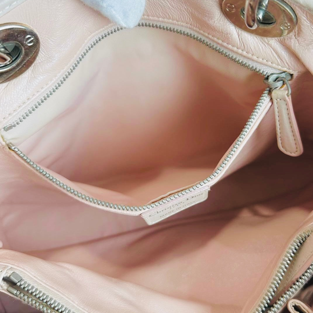 Christian Dior CD Blush Pink Lady Dior Avenue Woven Leather Monogram Logo 2-Way Top Handle Shoulder Sling Bag