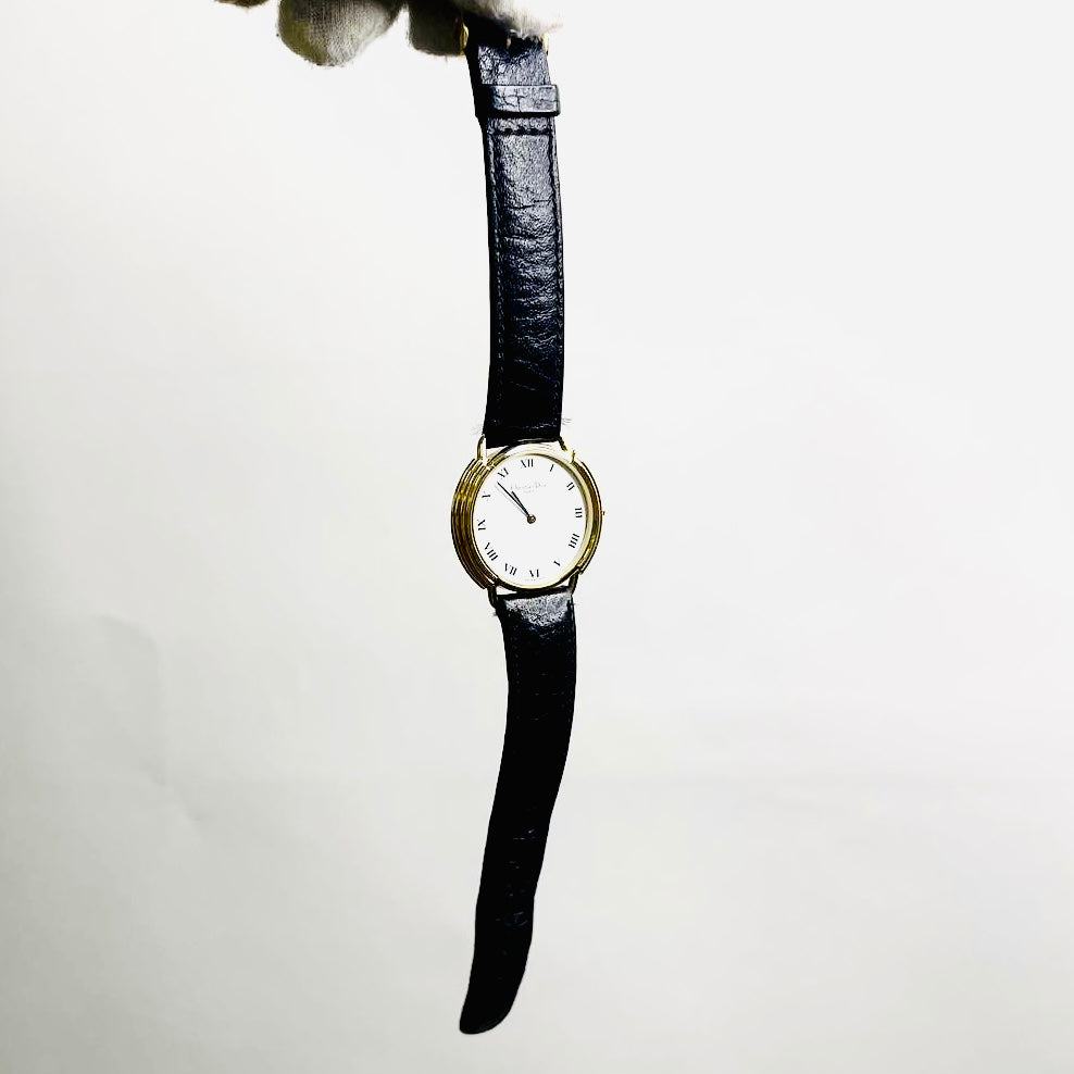 Christian Dior CD Roman Numerals White Round Dial Stainless Steel Monogram Logo 30MM Black Leather Strap Watch