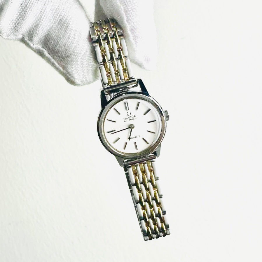 Omega Geneve Automatic White Round Dial Gold Two Tone Stainless Steel Vintage 22MM Watch