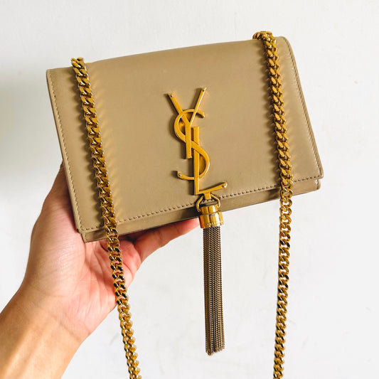 YSL Yves Saint Laurent Dark Beige GHW Kate Monogram Logo Grain De Poudre Leather With Tassel Flap Mini Shoulder Sling Bag